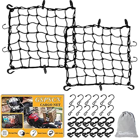 GSPSCN 2pack 16"x16" Cargo net Motorcycle, Latex Heavy Duty Bungee Cord Net Stretches to 47"x47", Thicken Luggage Netting with 2"x2" Mesh&24 Hooks for Motorcycle, Bike, ATV, Roof, Trailer Cover