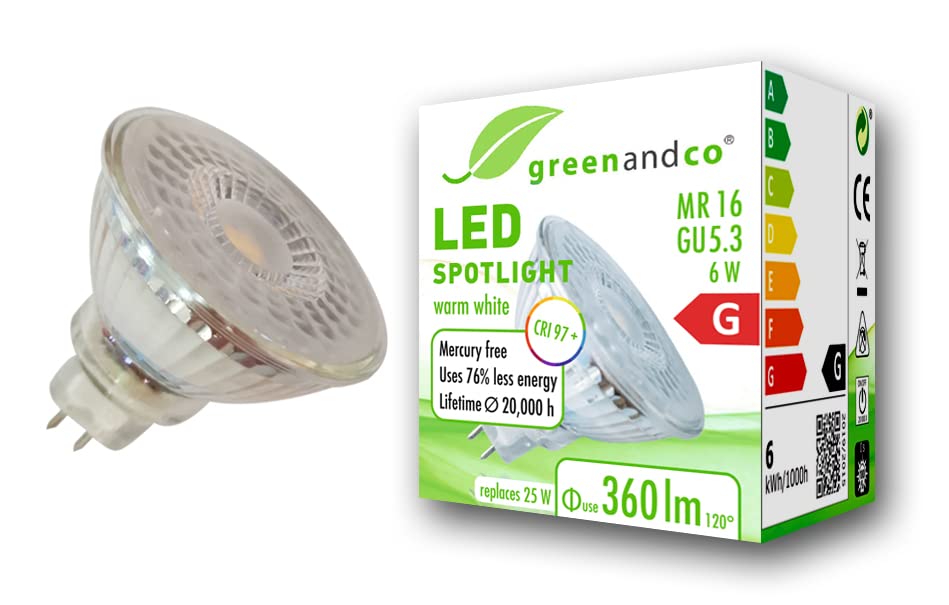 greenandco CRI 97+ MR16 GU5.3 LED Spot | 6W 360 lm | 2700K warmweiß | 110° | 12V AC/DC | nicht dimmbar