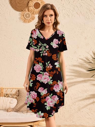Image of DEARCASE Summer Dresses for Women V-Neck Short Sleeve T Shirt Dress Casual Flowy Swing Beach Vacation Mini Sundress