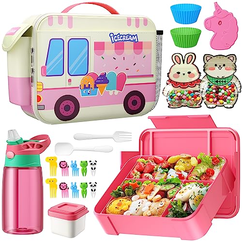 Bento Lunch Box Set with Insulated Bag, Water Bottle, Ice Pack Set for Kids, Toddlers, Girls - 6 Compartments Lunch Container for School, Microwave/Dishwasher, BPA-Free(Pink Ice Car)