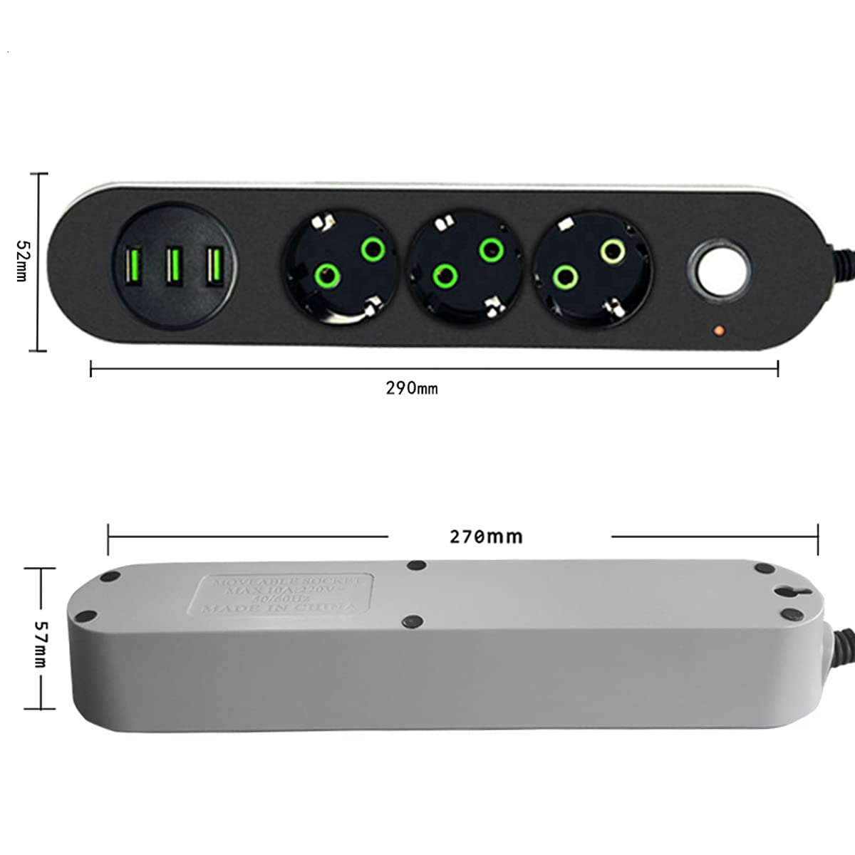 Multipresa, Multipresa Elettrica Con USB Ciabatta Con 3 Prese Elettriche E 3 Porte Di Carica USB Un Interruttore Di Controllo Con Protezione Da Sovraccorrente 2500W 17W 5V 3.4A Cavo 1.8M, Nero-Grigio