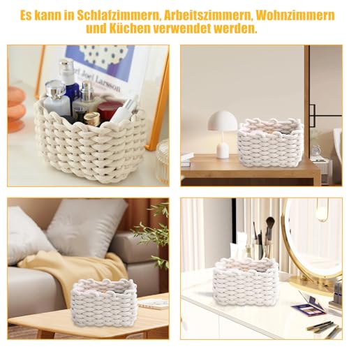 Aufbewahrungskorb Geflochten, 2 Stück Häkelkorb, 19 x 15 x 12 cm Aufbewahrungskorb Kinder, Waschbar und Faltbar Klein Organizer Korb, Weiß Körbe Geflochten für Babyzimmer Wohnzimmer Schlafzimmer