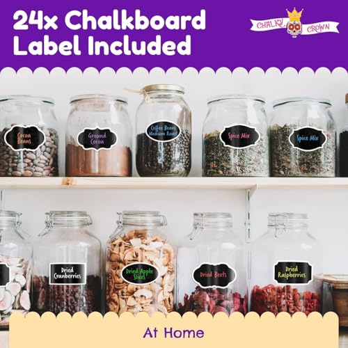 Chalky Crown - Kreidestifte für Tafel Abwaschbar - Trocken Abwischbare Marker für Kreidetafeln, Schilder, Fenster, Glas - Wendbare Spitze (8 Stück) + 24 Kreidetafel-Etiketten, Mehrfarbig, 1 mm