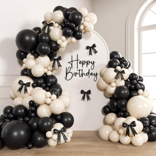 155pcs Black and White Balloon Arch Kit Black and White Balloons with Sand Balloons Bow Ribbon for Coquette Wedding Bridal Shower Birthday Party Decorations