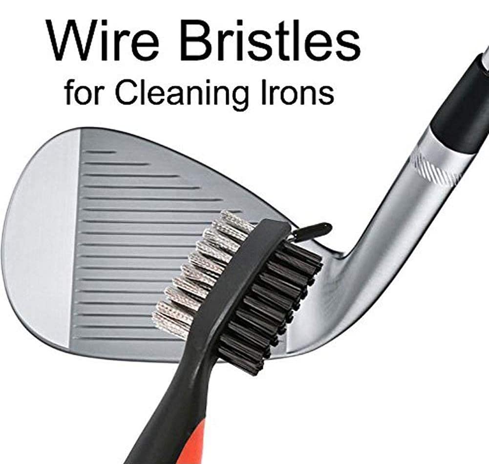 Cepillo de golf con limpiador de ranuras, cepillo de golf de nailon y acero, herramienta de limpieza portátil con mosquetón de aluminio ajustable para colgar en bolsa de golf (rojo)