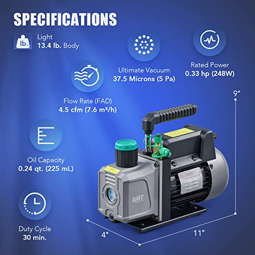 Omt 4.5Cfm Vacuum Pump, 1 Stage Hvac Vacuum Pump For R12 R22 R134A R410A Systems, Small 1/3Hp 38 Micron Vacuum Pump For Air Conditioner Servicing Resin Degassing And More, Oil Included #TOP1
