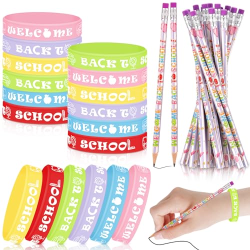 Sabary 48 Pcs Welcome Back to School Pencils Rubber Bracelets Back to School Supplies Set School Party Favors First Day of School Gifts for Kids Kindergarten Students Teacher Reward