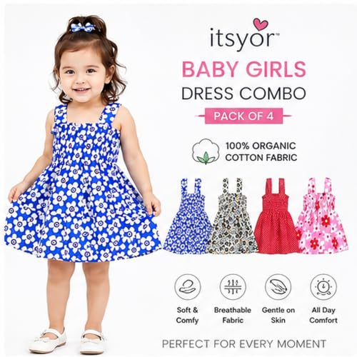 Image of Baby Girl's Knee Length Comfortable Square Neck Multi-Color Frock (Pack of 4)