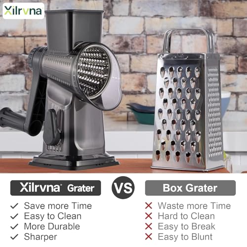 Image of Rotary Cheese Grater with Handle Kitchen Shredder Slicer Grater Slicer Ice Shaver Cheese Vegetable Nuts Potato Zucchini Chocolate 3 Interchangeable Blades (Dark Grey TSP)