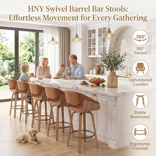 Image of HNY 26'' Modern Barrel Swivel Counter Stools Counter Height Swivel Bar Stools with Backs Set of 6, Brown Faux Leather Bar Height stools, Farmhouse Solid Wood Barstools for Kitchen Island, Home Bar