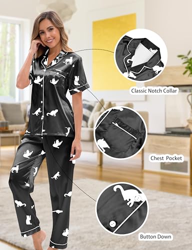 Silk Pajamas for Women 3 Piece Short Sleeve Satin Pajama Set with Pants Ruffle Cute Pj Sets Button Down Sleepwear4