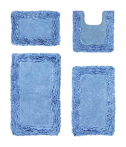 Better Trends 100% Cotton Bath Rug in Shaggy Border Collection - Ultra Soft, Plush, Tufted Bath Rug, Perfect Combination of Luxury and Comfort 4 Piece Bath Rug for Multipurpose Use - Blue