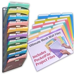 Ultimate Office Mesh Wall File Organizer, 10 Tier Vertical Mount Hanging File Sorter. Multipurpose Display Rack Includes 18, 3rd Cut PocketFile Clear Document Folder Project Pockets (Black)