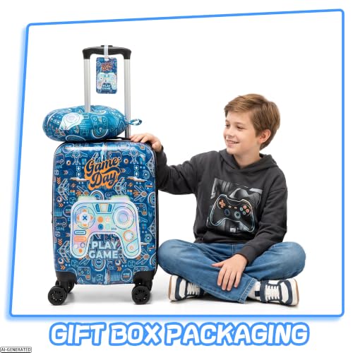 Image of Kids Luggage Set Carry On Suitcase with U shaped Pillow Rolling Toddler Suitcase for Boys Travel Set Hardside Luggage with Spinner Wheels Airline Approved, Game Controller Pattern