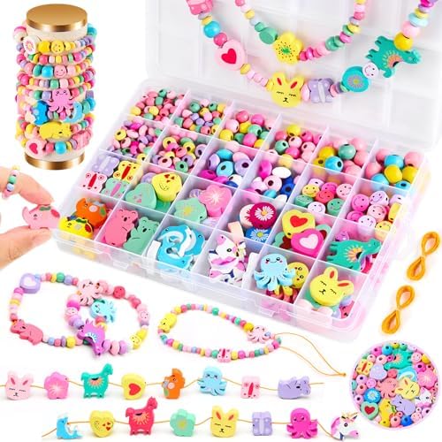 BYHANO Holzperlen für Kinder ab 4 Jahre, Perlen für Armbänder, Bastelset mit Blumen, Tieren und Macaron-farbenen Perlen inklusive Schnur, für DIY Armbänder, Schmuck und kreative Pr