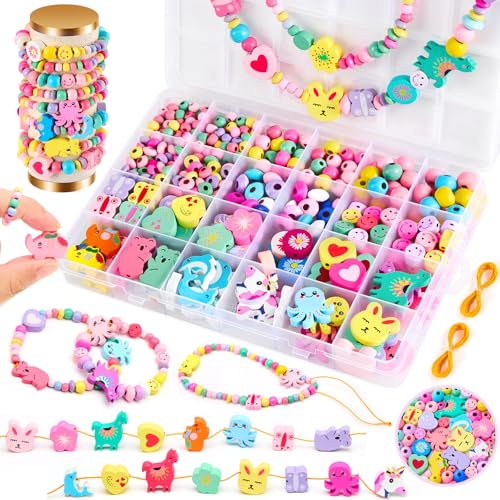 BYHANO Holzperlen für Kinder ab 4 Jahre Perlen für Armbänder Bastelset mit Blumen Tieren und Macaron-farbenen Perlen inklusive Schnur für DIY Armbänder Schmuck und kreative Projekte