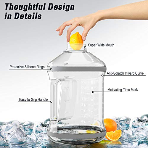 Gallon Water Bottle with Straw Lid - BPA Free Water Bottle with Time Marker, Handle and Carry Strap, Reusable Leaf-Proof Water Jug for Outdoor Sports, Gym Workout, and Camping