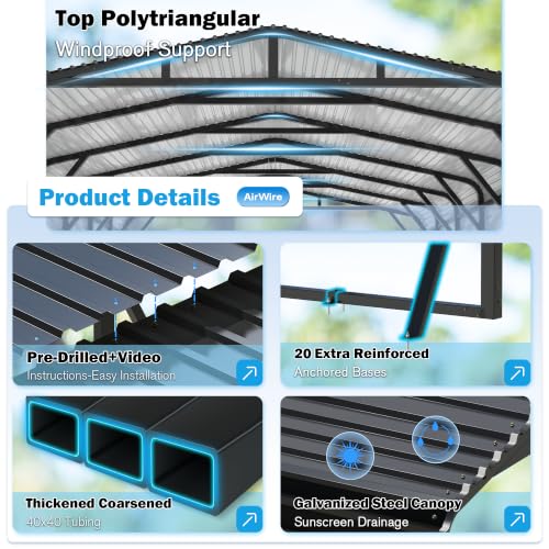 Image of AirWire Carport Canopy 20'X40' Heavy Duty Car Port Galvanized Steel Roof, Reinforced Stable Triangle Frame for Snowy Windy Metal Carports Enhanced Base Car Tent for Car,RV,Pickup,Boat,Truck,Tractor