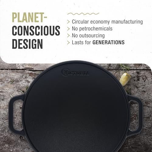 Image of Victoria Round Cast Iron Grill. Double Burner Griddle, with Removable Coil Handles Seasoned with 100% KoBibir Certified Non-GMO Flaxseed Oil, 12.5 Inch, Black