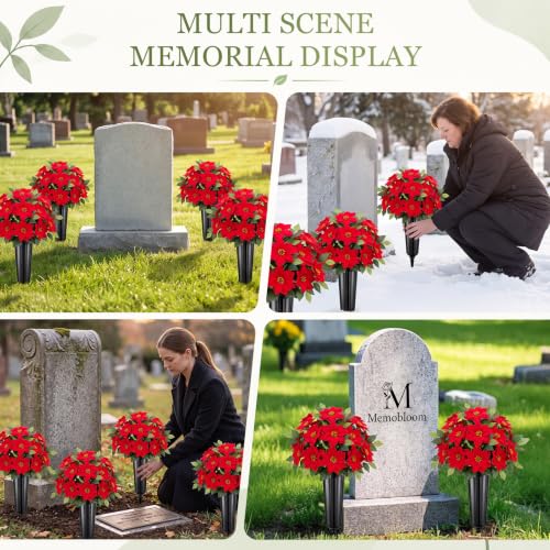 Image of 4 Set Christmas Poinsettia Artificial Cemetery Flower with Vase