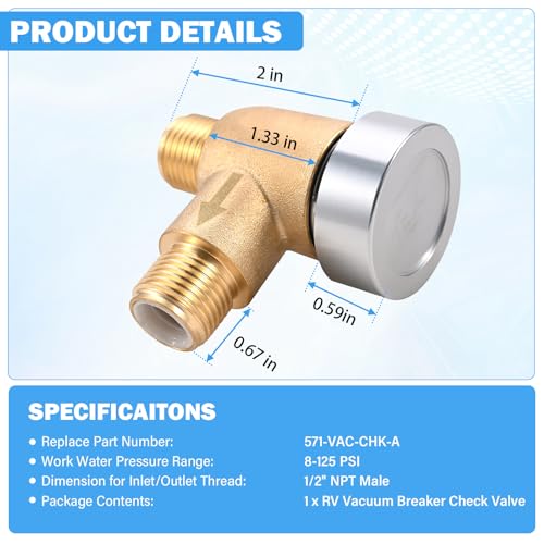 Image of Brass RV Vacuum Breaker Check Valve 571-VAC-CHK-A Camper RV Black Tank Check Valve Replace Leaking Vacuum Breaker on Black Tank System Trailer Flusher b&b Model 571 Check Valve