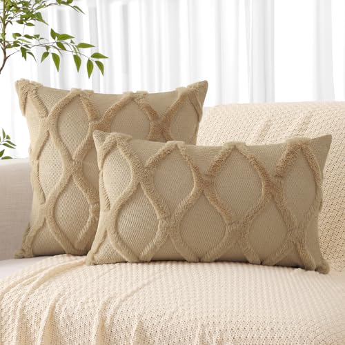 decorUhome Throw Pillow Covers 18x18 Inch Set of 2, Soft Plush Faux Fur Wool Khaki Couch Pillow Covers, Decorative Neutral Pillow Cases for Bed Sofa Living Room Home Decor