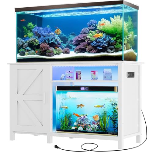 DWVO Aquarium Stand for 55-75 Gallon Fish Tank with Additional 20 Gallon Space and LED Lights, Fish Tank Stand with Adjustable Dividers and Power Outlets, Suitable for Turtle Tank Terrarium, White