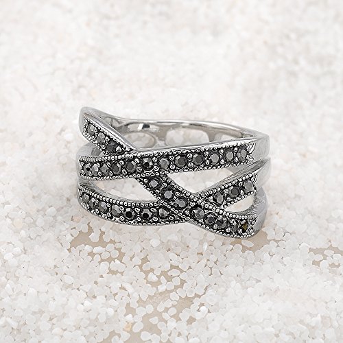 Image of Mytys Vintage Wide Ring Classic Black Marcasite Crystal Rows Statement Silver Chunky Rings