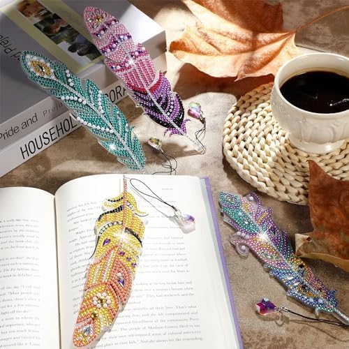 AZSJML 6 Pièces Marque Page Diamond Painting, Bricolage Signets Avec Pendentif, Kits De Marque Pages Diamant, Marque Page Plume Cristal Bookmark Acrylique Transparent Pour Pages De Marquage