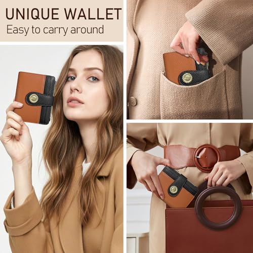 Image of Kelvoris Small Rfid Women Wallet Bifold Zipper Coin Pocket Brown and Black | PU Leather Compact Cash Credit Card Holder Travel Purse for Female Ladies Teen Girls 1 ID Window 10 Card Slots