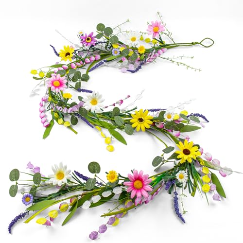Yawwind Farmhouse Summer Garland 6 FT Vintage Spring Flower Garlands Summer Floral Garland Wildflower Garlands with Daisy for Table Centerpiece Door Frame Mantel Stairs Railing Decoration