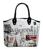 Große Schultertasche mit New York Wahrzeichen - Statue of Liberty, Brooklyn Bridge, Empire Building, New World Trade Center usw.