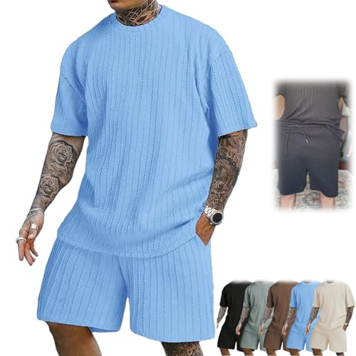 Men's Casual Textured Printed Short Sleeve Tee & Drawstring Waist Shorts Set, for Men Summer Print Top Pants Set