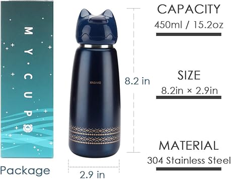 Cute Water Bottle for School, Vacuum Insulated Stainless Steel Thermos Mug,2019 New Cute Animals Insulation Bottle(Blue) (YUNDA)