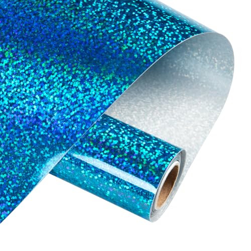 Image of HTVRONT Holographic Glitter Permanent Vinyl, 12 inch x 10ft Sparkle Blue Permanent Adhesive Vinyl, Easy to Weed & Transfer Glitter Roll Compatible with Cricut Cutting Machine, Crafts, Silhouette, Decal