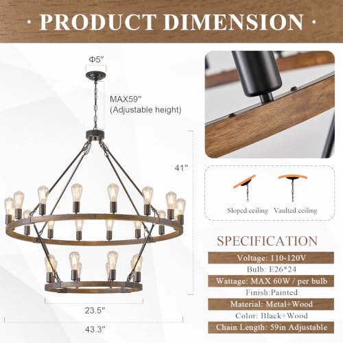 Image of Oak Wooden Wagon Wheel Chandelier 24-Light 43.3 inch Light Fixture