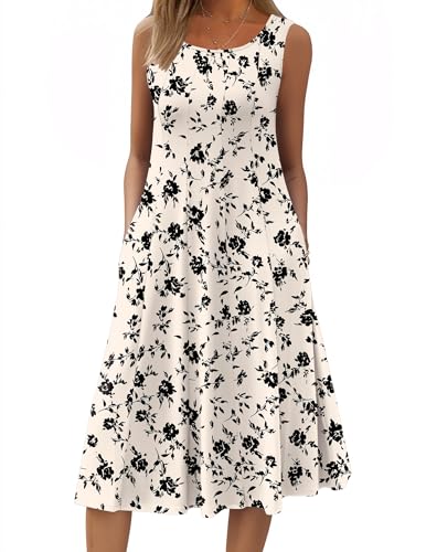 Image of HOTOUCH Summer Casual Dresses for Women Sleeveless Midi Dress Swing Tank Sundress Pleated Tshirt Dress with Pockets