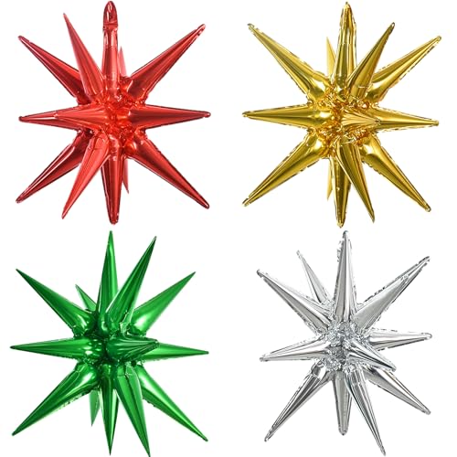 Image of TONIFUL 4 Pcs Star Balloons Red Green Gold Silver Explosion Foil Balloon | 22 Inch Large Mylar Star Balloon for Christmas Party Decorations New Year Birthday Wedding Baby Shower Photo Booth Supplies