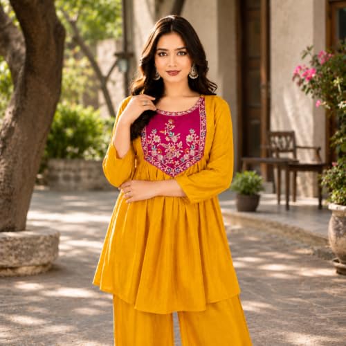 Image of Embroidered Sharara Set for Women | Roman Silk Short Kurta with Flared Sharara Pants | Designer Festive Ethnic Wear Suit Set for Weddings, Sangeet & Celebrations
