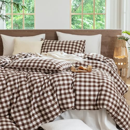Image of MooMee Gingham Duvet Cover Set 100% Washed Cotton Linen Like King | Relaxed Linen-like Texture. Soft, Breathable & Long-lasting Comfort. Lightweight. Hidden Zipper with 8 Interior Corner Ties