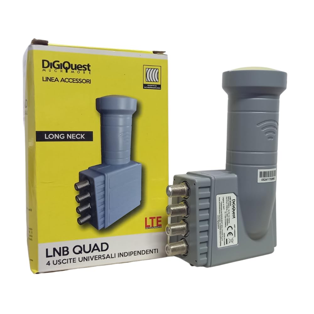 Digiquest LNB QUAD Universale LNB402C | Quattro uscite indipendenti utilizzabile per impianti standard con doppia schermatura. I/P L: 10,7~12,75 Ghz - o/P L: 950~2150 MHz - L.O. 9.75/10.6 GHZ