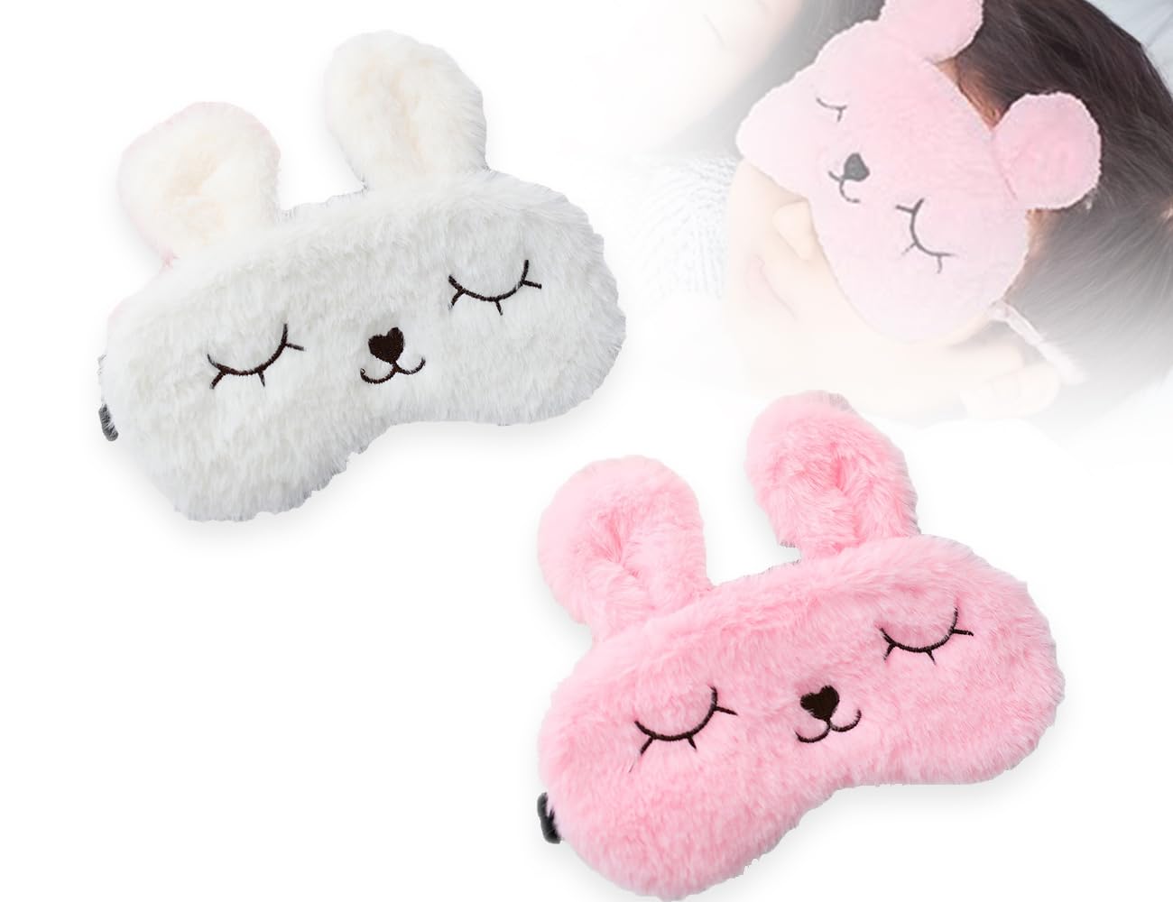 2 Piezas Antifaz para Dormir 3D, para Niños y Niñas, Animales Bonitos, Transpirable (Blanco y Rosa)