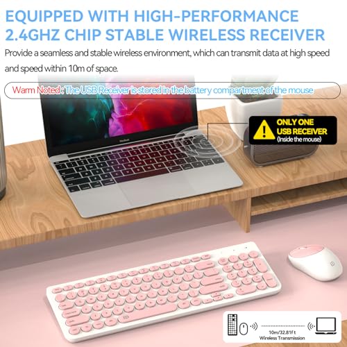 Image of FD iK6630 Wireless Keyboard and Mouse Combo - 2.4GHz USB Cordless, Cute Round Keys, Quiet and Slim Set for Laptop, Computer, TV, and Mac - Salmon Pink & White