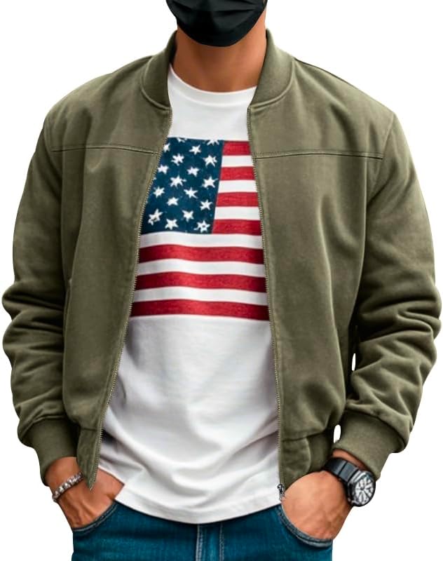 Men's Classic Bomber Jacket with US Flag T-Shirt Lightweight Cotton Blend Zip Up Casual Outerwear
