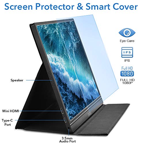 Portable Monitor - Lepow 15.6 Inch Full HD 1080P USB Type-C Computer Display IPS Eye Care Screen with HDMI Type C Speakers for Laptop PC PS4 Xbox Phone Included Smart Cover