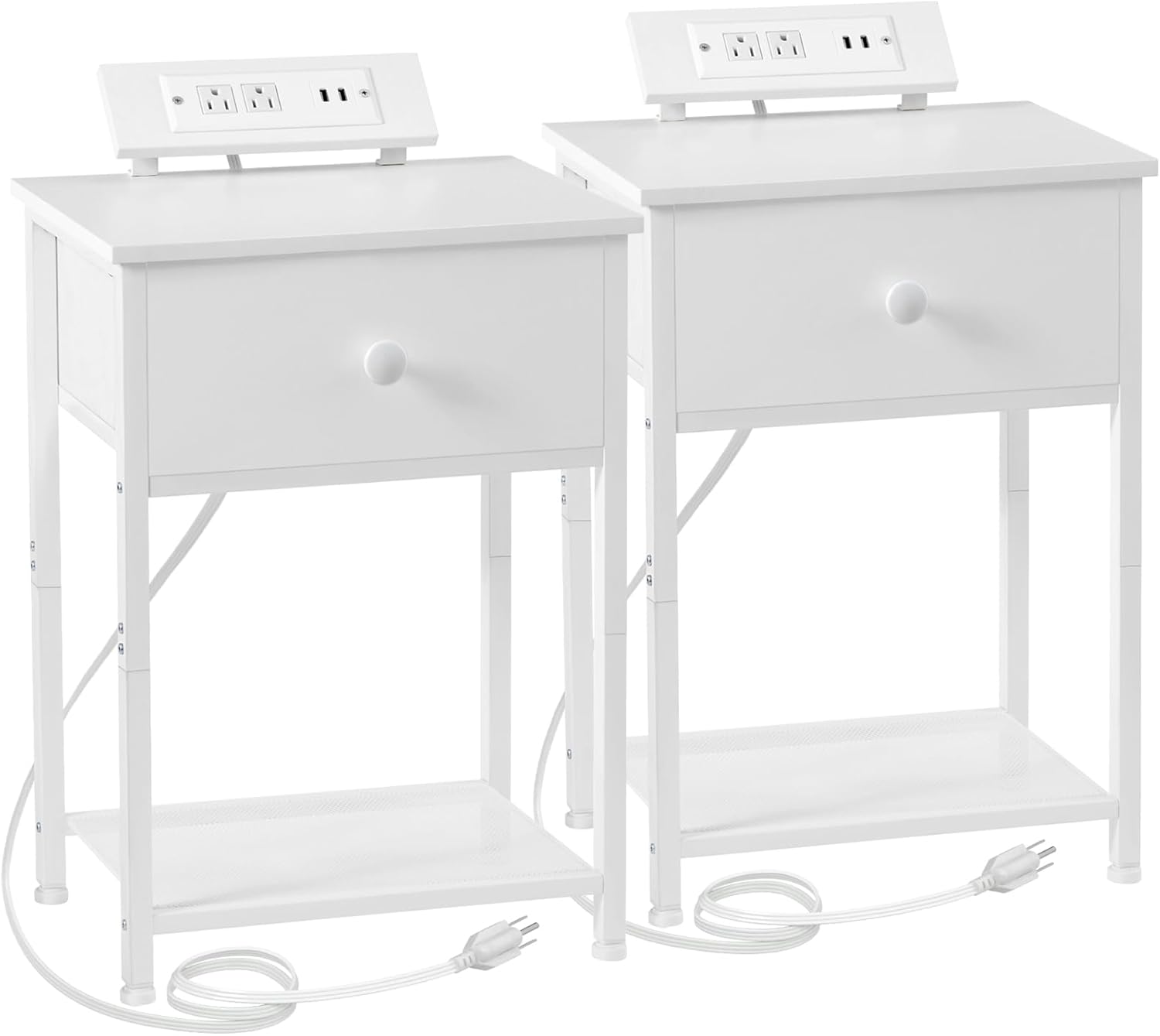 AMHANCIBLE Night Stand, White Nightstand Set of 2, Small End Tables Living Room with Charging Station, Slim Bed Side Table with Fabric Storage Drawer for Bedroom, Small Space, HET03SDPWT