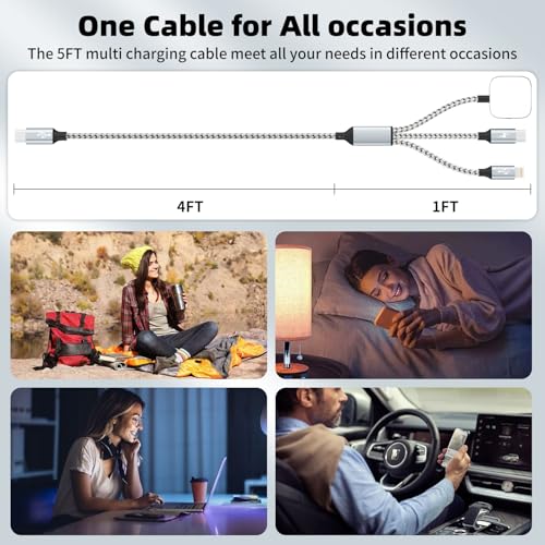 Image of Travel Essentials 3in1 USB C Multi Charging Cable for iPhone Watch Charger,USB C to Type C /IP /iWatch Charger, Charging Cords for Multiple Devices Compatible with iWatch Series&iPhone 16-12 5FT