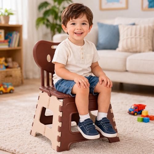 Image of A to Z Hub Folding Plastic Chair with Backrest for Kids & Adults | Portable, Lightweight, Durable Step Stool Seat | Space Saving, Easy to Carry, Indoor Outdoor Multipurpose Chair Brown (Brown)