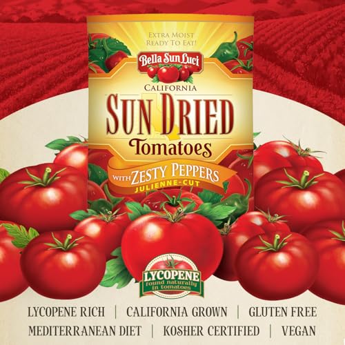 Image of Bella Sun Luci Sun Dried Tomatoes with Zesty Peppers Julienne Cut, Mediterranean Style Sun‑Ripened Tomatoes with Bold Spicy Pepper Flavor, Kosher, Vegan, Gluten‑Free, Premium Ingredient for Pasta, Salads & Sandwiches