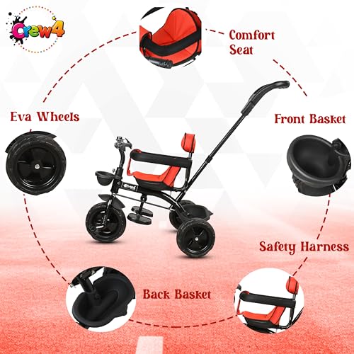 Image of Tricycle for Kids | Plug & Play Baby Trike with EVA Wheels, Safety Rail & Push Handle for Parents | Safe & Comfortable Ride for Toddlers 12-48 Months (RED)